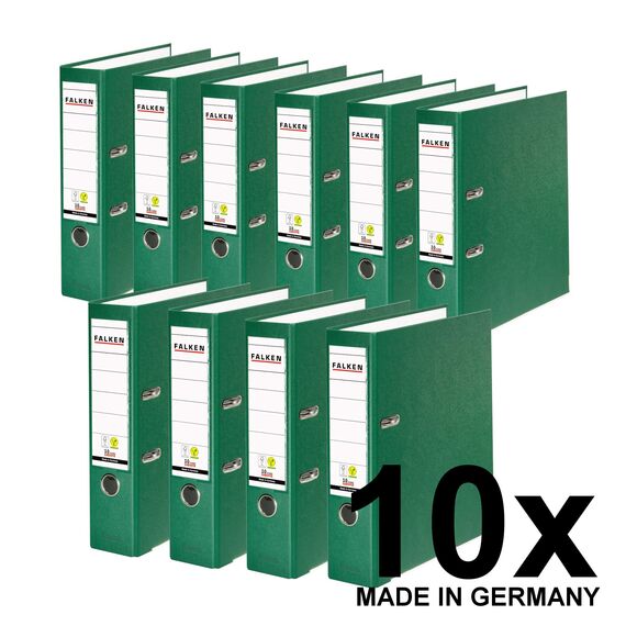 Original Falken 10er Pack PP-Color Kunststoff-Ordner. Made in Germany. 8 cm breit DIN A4 grün Vegan Ringordner Aktenordner Briefordner Büroordner Plastikordner Schlitzordner