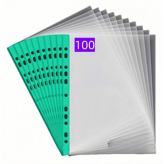 PUTOAHAO 100 Stück Klarsichthüllen A4 Glasklar aus PP (0.06 mm,60 My,60µ,60 micron),mit 11 Lochungen für 2/3/4-Ring-Ordner, Prospekthüllen DIN A4 für Dokumente (Grün Seite, 6C-100)