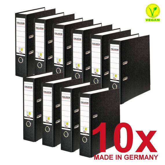 Original Falken 10er Pack PP-Color Kunststoff-Ordner. Made in Germany. 8 cm breit DIN A4 schwarz Vegan Ringordner Aktenordner Briefordner Büroordner Plastikordner Schlitzordner