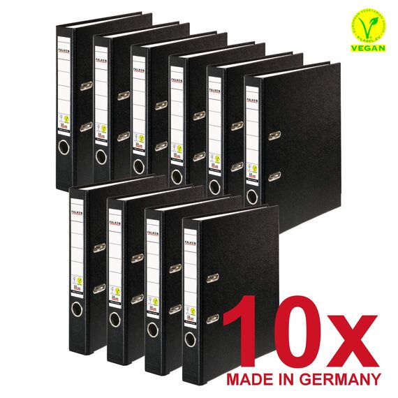 Original Falken 10er Pack PP-Color Kunststoff-Ordner. Made in Germany. 5 cm breit DIN A4 schwarz Vegan Ringordner Aktenordner Briefordner Büroordner Plastikordner Schlitzordner