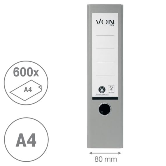 VON Leitz Ordner A4, 20er Pack, 100 % Recyclingpapier, 80 mm Rückenbreite, Für 600 Blatt, Blauer Engel & FSC-zertifiziert, Für Schule, Studium & Zuhause, Grau, 10530085