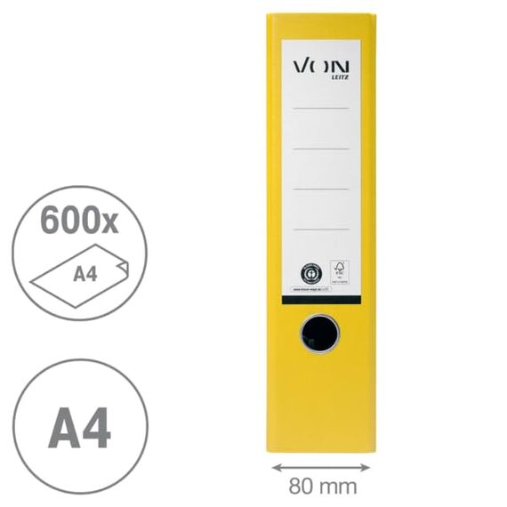 VON Leitz Ordner A4, 20er Pack, 100 % Recyclingpapier, 80 mm Rückenbreite, Für 600 Blatt, Blauer Engel & FSC-zertifiziert, Für Schule, Studium & Zuhause, Gelb, 10530015