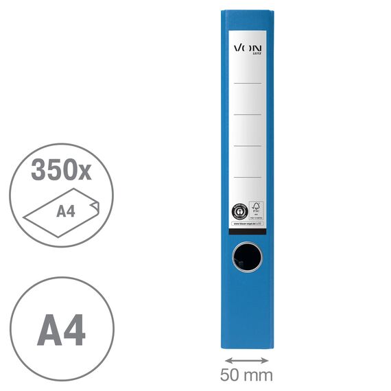 VON Leitz Ordner A4, 100 % Recyclingpapier, 50 mm Rückenbreite, Für 350 Blatt, Blauer Engel & FSC-zertifiziert, Für Schule, Studium & Zuhause, Blau, 10540035