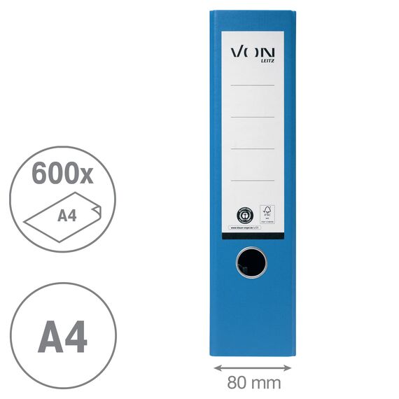 VON Leitz Ordner A4, 100 % Recyclingpapier, 80 mm Rückenbreite, Für 600 Blatt, Blauer Engel & FSC-zertifiziert, Für Schule, Studium & Zuhause, Blau, 10530035