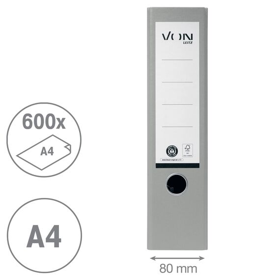 VON Leitz Ordner A4, 100 % Recyclingpapier, 80 mm Rückenbreite, Für 600 Blatt, Blauer Engel & FSC-zertifiziert, Für Schule, Studium & Zuhause, Grau, 10530085
