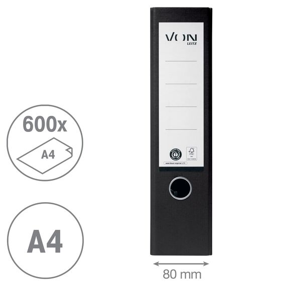 VON Leitz Ordner A4, 10er Pack, 100 % Recyclingpapier, 80 mm Rückenbreite, Für 600 Blatt, Blauer Engel & FSC-zertifiziert, Für Schule, Studium & Zuhause, Schwarz, 10530095