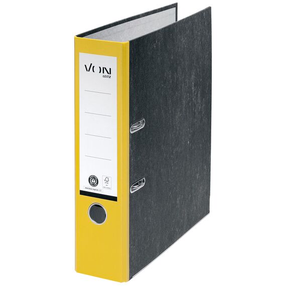 VON Leitz Ordner A4, 100 % Recyclingpapier, 80 mm Rückenbreite, Für 600 Blatt, Blauer Engel & FSC-zertifiziert, Für Schule, Studium & Zuhause, Gelb, 10530015