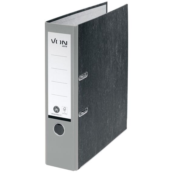 VON Leitz Ordner A4, 100 % Recyclingpapier, 80 mm Rückenbreite, Für 600 Blatt, Blauer Engel & FSC-zertifiziert, Für Schule, Studium & Zuhause, Grau, 10530085