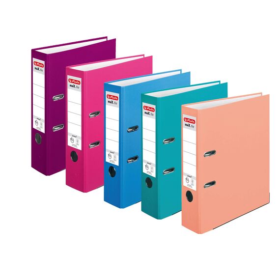 5 Stück Herlitz Ordner maX.file protect A4 8cm PP-Kunststoffbezug/Papier hellgr.besch. [ Farben sortiert ] 5 Farben