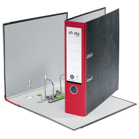 VON Leitz Ordner A4, 100 % Recyclingpapier, 80 mm Rückenbreite, Für 600 Blatt, Blauer Engel & FSC-zertifiziert, Für Schule, Studium & Zuhause, Rot, 10530025
