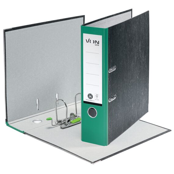 VON Leitz Ordner A4, 100 % Recyclingpapier, 80 mm Rückenbreite, Für 600 Blatt, Blauer Engel & FSC-zertifiziert, Für Schule, Studium & Zuhause, Grün, 10530055
