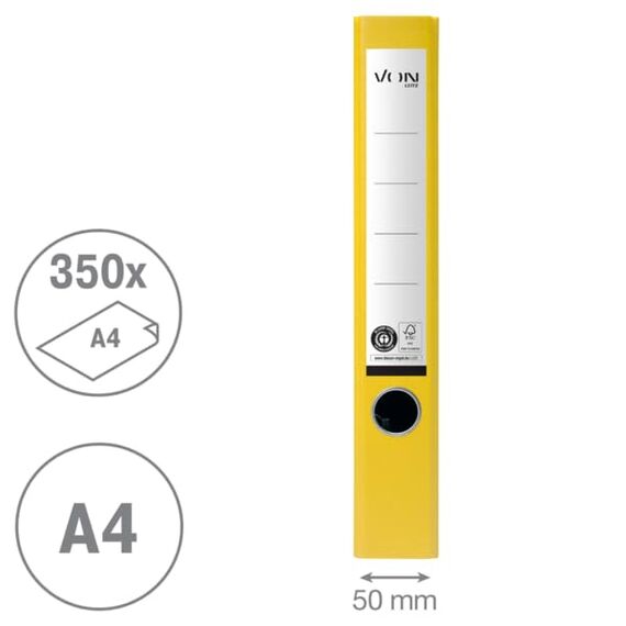 VON Leitz Ordner A4, 25er Pack, 100 % Recyclingpapier, 50 mm Rückenbreite, Für 350 Blatt, Blauer Engel & FSC-zertifiziert, Für Schule, Studium & Zuhause, Gelb, 10540015