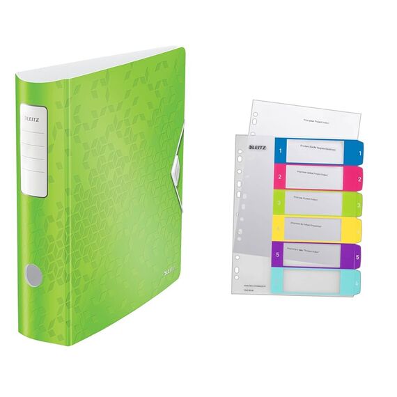 Leitz Set Qualitäts-Ordner 180° Active WOW A4, Breit, 8,2 cm, Gummibandverschluss, Grün + Leitz Register für A4, PC-beschriftbares Deckblatt, und 6 Trennblätter, WOW Serie, 11060054 + 12420000