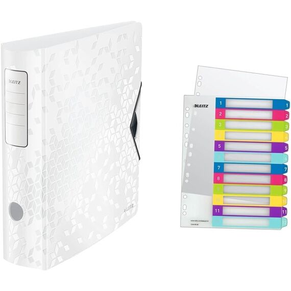 Leitz Set Qualitäts-Ordner 180° Active WOW A4, Breit, 8,2 cm, Gummibandverschluss, Weiß + Leitz Register für A4, PC-beschriftbares Deckblatt, und 12 Trennblätter, WOW Serie, 11060001 + 12440000