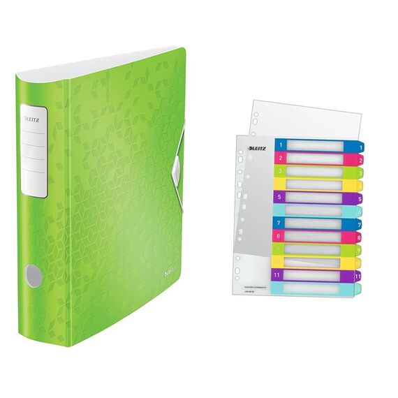 Leitz Set Qualitäts-Ordner 180° Active WOW A4, Breit, 8,2 cm, Gummibandverschluss, Grün + Leitz Register für A4, PC-beschriftbares Deckblatt, und 12 Trennblätter, WOW Serie, 11060054 + 12440000