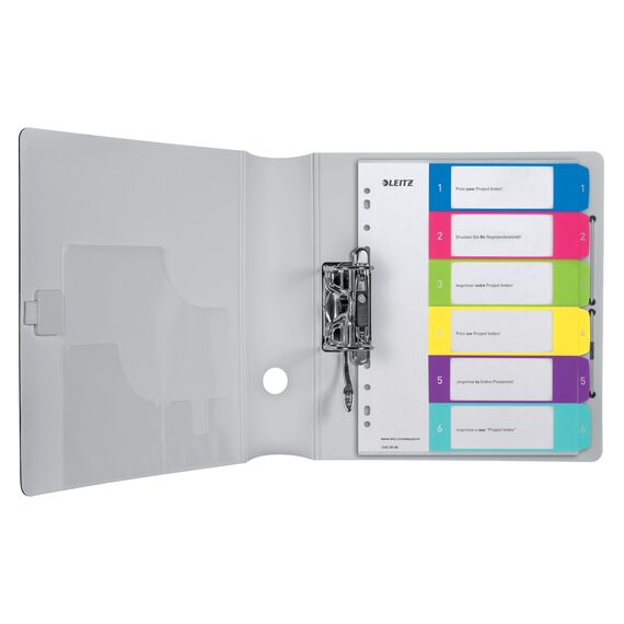 Leitz Set Qualitäts-Ordner 180° Active WOW A4, Breit, 8,2 cm, Gummibandverschluss, Weiß + Leitz Register für A4, PC-beschriftbares Deckblatt, und 6 Trennblätter, WOW Serie, 11060001 + 12420000