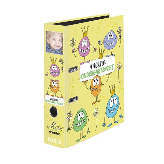 Original Falken Kindergarten-Ordner mit Einstecktasche. Made in Germany. 8 cm breit DIN A4 Motiv Monster, Ringordner Aktenordner Briefordner Büroordner Plastikordner