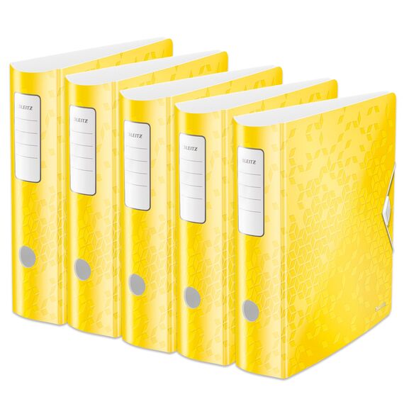 Leitz Qualitäts-Ordner 180° Active WOW, 5er Pack, A4, Breit, Abgerundeter Rücken, 8,2 cm breit, Gummibandverschluss, Leichtes Polyfoam, Plastik-Ordner, WOW Serie, Gelb, 11060016