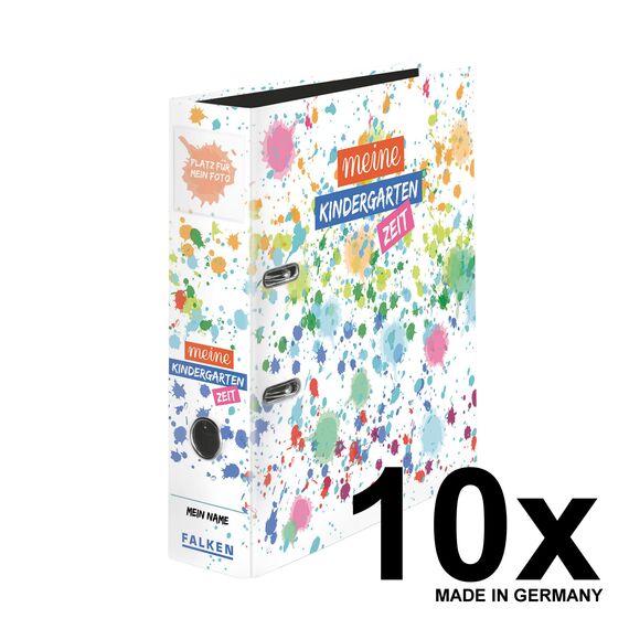 Original Falken 10er Pack Motivordner-Kindergarten mit Einstecktasche. Made in Germany. 8 cm breit DIN A4 Motiv Kleckse, Ringordner Aktenordner Briefordner Büroordner Plastikordner