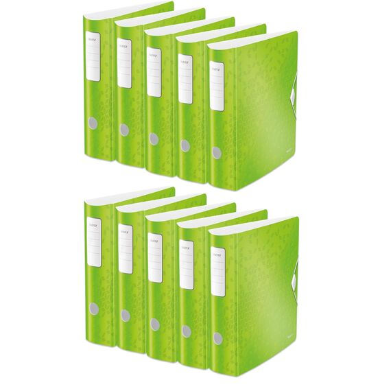 Leitz Qualitäts-Ordner 180° Active WOW, 10er Pack, A4, Breit, abgerundeter Rücken, 8,2 cm breit, Gummibandverschluss, mit Innentaschen, WOW Serie, grün 11060054