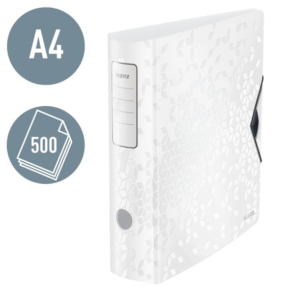 Leitz Qualitäts-Ordner 180° Active WOW, A4, Breit, Abgerundeter Rücken, 8,2 cm breit, Gummibandverschluss, Leichtes Polyfoam, Plastik-Ordner, WOW Serie, Weiß, 11060001