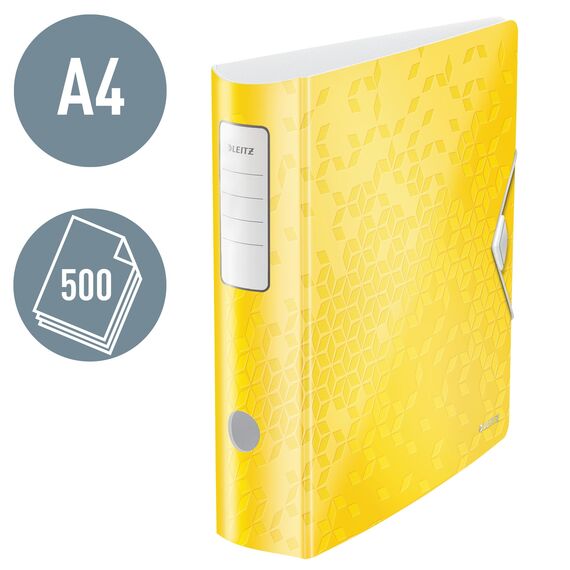 Leitz Qualitäts-Ordner 180° Active WOW, 5er Pack, A4, Breit, Abgerundeter Rücken, 8,2 cm breit, Gummibandverschluss, Leichtes Polyfoam, Plastik-Ordner, WOW Serie, Gelb, 11060016