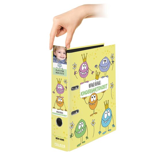 Original Falken Kindergarten-Ordner mit Einstecktasche. Made in Germany. 8 cm breit DIN A4 Motiv Monster, Ringordner Aktenordner Briefordner Büroordner Plastikordner