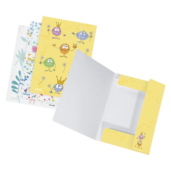 Original Falken 10er Pack Sammelmappe Kinder. Aus extra starkem Karton mit 3 Klappen und Gummiband für DIN A3 Motiv Kleckse Aufbewahrungs-Zeichen-Mappe für die Schule