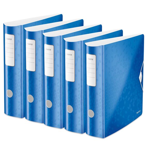 Leitz Qualitäts-Ordner 180° Active WOW, 5er Pack, A4, Breit, Abgerundeter Rücken, 8,2 cm breit, Gummibandverschluss, Leichtes Polyfoam, Plastik-Ordner, WOW Serie, Blau, 11060036