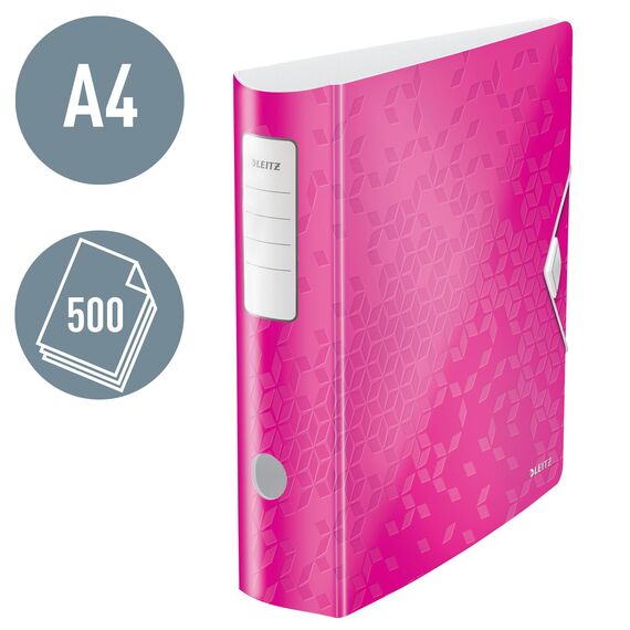 Leitz Qualitäts-Ordner 180° Active WOW, 5er Pack, A4, Breit, Abgerundeter Rücken, 8,2 cm breit, Gummibandverschluss, Leichtes Polyfoam, Plastik-Ordner, WOW Serie, Pink, 11060023