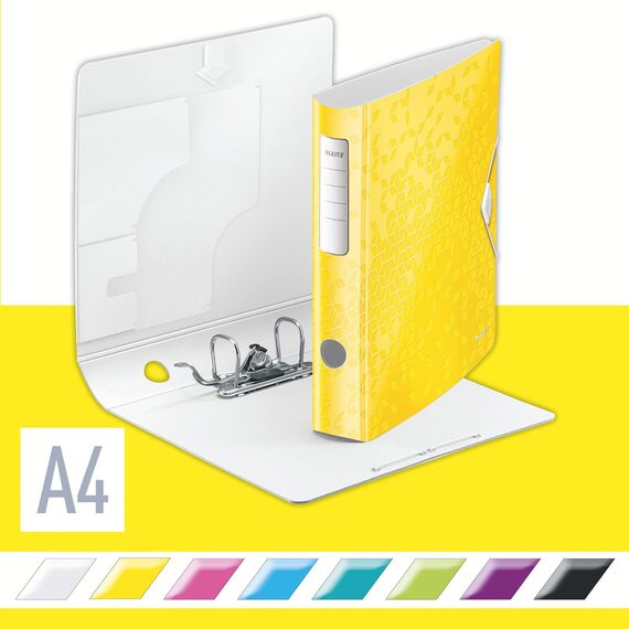 Leitz Qualitäts-Ordner 180° Active WOW, A4, Schmal, Abgerundeter Rücken, 6,5 cm breit, Gummibandverschluss, Leichtes Polyfoam, Plastik-Ordner, WOW Serie, Gelb, 11070016 (Packung mit 2)