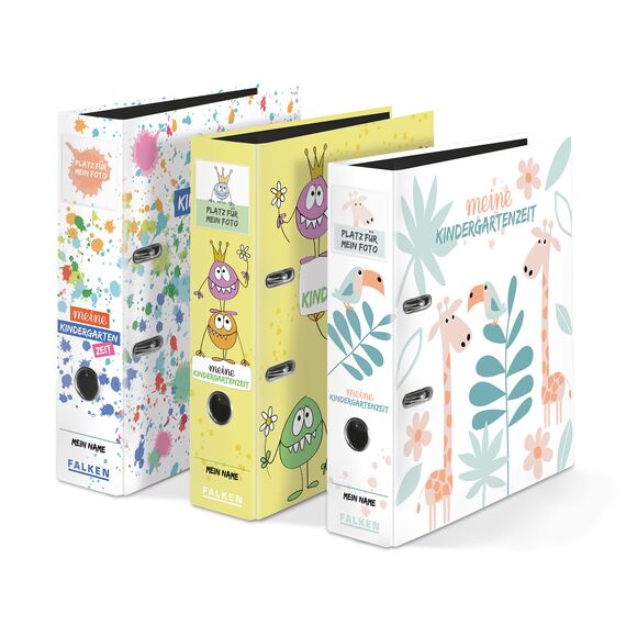 Original Falken 10er Pack Motivordner-Kindergarten mit Einstecktasche. Made in Germany. 8 cm breit DIN A4 Motiv Kleckse, Ringordner Aktenordner Briefordner Büroordner Plastikordner
