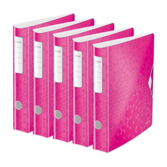 Leitz Qualitäts-Ordner 180° Active WOW, 5er Pack, A4, Schmal, Abgerundeter Rücken, 6,5 cm breit, Gummibandverschluss, Leichtes Polyfoam, Plastik-Ordner, WOW Serie, Pink, 11070023