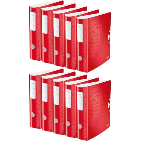 Leitz Qualitäts-Ordner 180° Active WOW, 10er Pack, A4, Breit, abgerundeter Rücken, 8,2 cm breit, Gummibandverschluss, mit Innentaschen, WOW Serie, Rot, 11060026