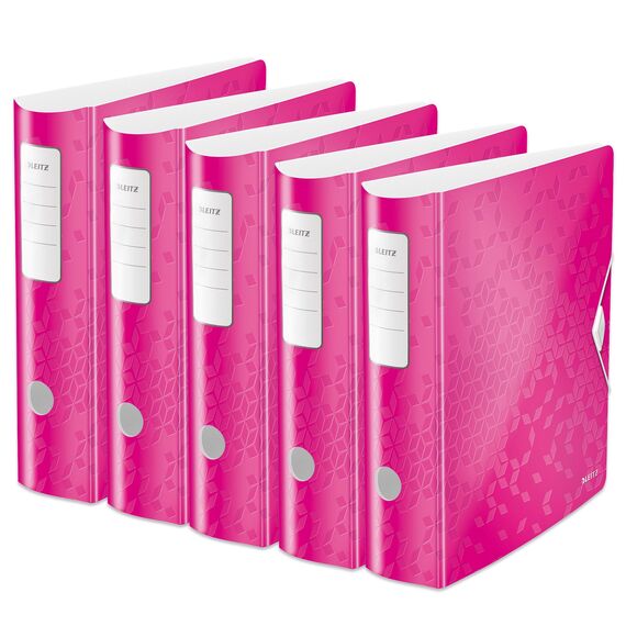Leitz Qualitäts-Ordner 180° Active WOW, 5er Pack, A4, Breit, Abgerundeter Rücken, 8,2 cm breit, Gummibandverschluss, Leichtes Polyfoam, Plastik-Ordner, WOW Serie, Pink, 11060023