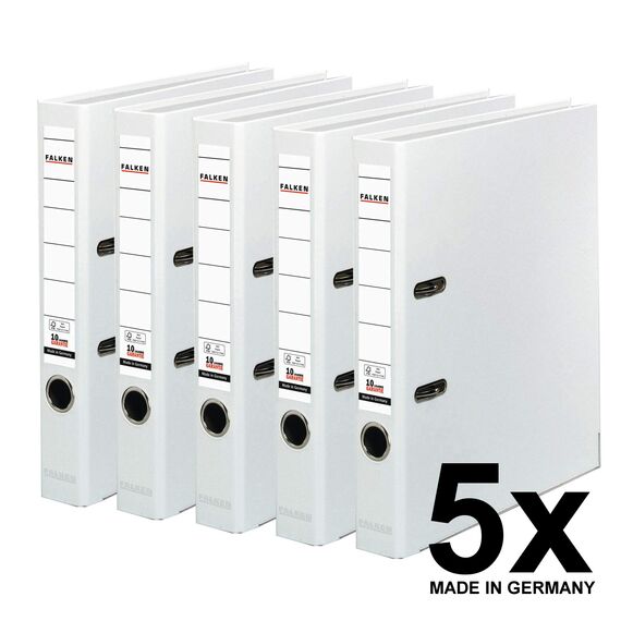 Original Falken 5er Pack PP-Color Kunststoff-Ordner. Made in Germany. 5 cm schmal DIN A4 weiß Vegan Ringordner Aktenordner Briefordner Büroordner Plastikordner Schlitzordner