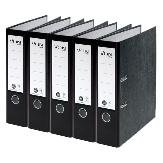 VON Leitz Ordner Set je 5 Stück in schwarz und blau, A4, 100% Recycling-Karton, Für 600 Blatt, 80 mm Rückenbreite, Klassisch marmoriert, Blauer Engel & FSC-zertifiziert