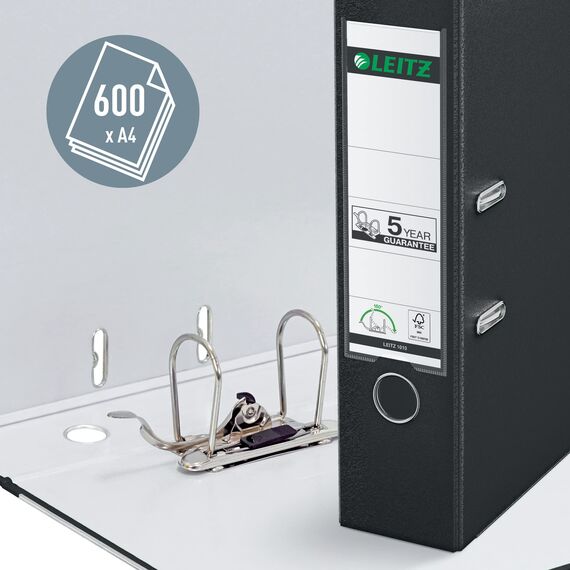 Leitz Qualitäts-Ordner 180° Plastik, 3er Pack, das Original, A4 Aktenordner 8 cm breit, 90% Recycling-Karton, 30% Pre-Consumer Recycling-Kunststoff, 180° Mechanik, 600 Blatt, Schwarz, 310335095