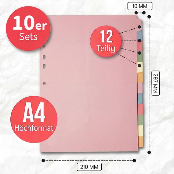 The Paper Shop A4 Ordner Register Unterteiler Hochformat 150 g/m²| 10 Pack | 12-Teilig Mehrfach Gelocht Aus Stabiler Pappe | Farbige Trennblätter für Dokumente Büro Schule Archiv Organisation