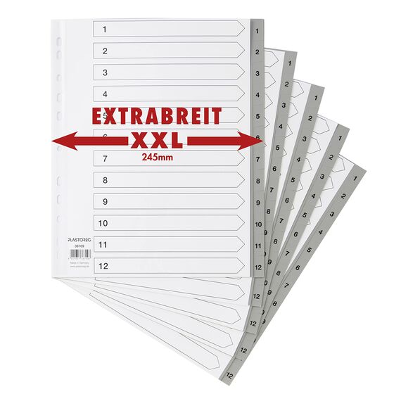 5er Set XXL 12-teiliges Register/Trennblätter extra breit aus PP, DIN A4+ mit Zahlen 1-12, volldeckend mit Deckblatt aus stabilem Papier. Trenn-Blätter überbreit für die Ordner-Organisation im Büro