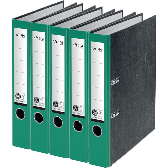 VON Leitz 5er Pack Ordner A4, 100 % Recyclingkarton, 50 mm Rückenbreite, Für 350 Blatt, Marmoriert, Blauer Engel & FSC-zertifiziert, Für Schule, Studium & Haushalt, Grün, 10541055