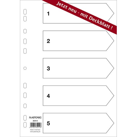 5er Set 5-teiliges Register/Trennblätter aus PP, DIN A4 mit Zahlen 1-5, volldeckend, grau praktischem Deckblatt aus stabilem Papier zum Beschriften. Trenn-Blätter für die Ordner-Organisation im Büro