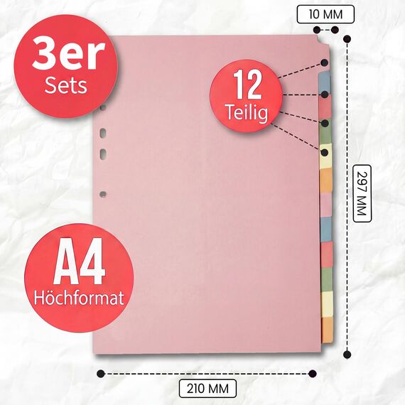 The Paper Shop A4 Ordner Register Unterteiler Hochformat 150 g/m² | 3 Pack | 12-Teilig Mehrfach Gelocht Aus Stabiler Pappe | Farbige Trennblätter für Dokumente Büro Schule Archiv Organisation