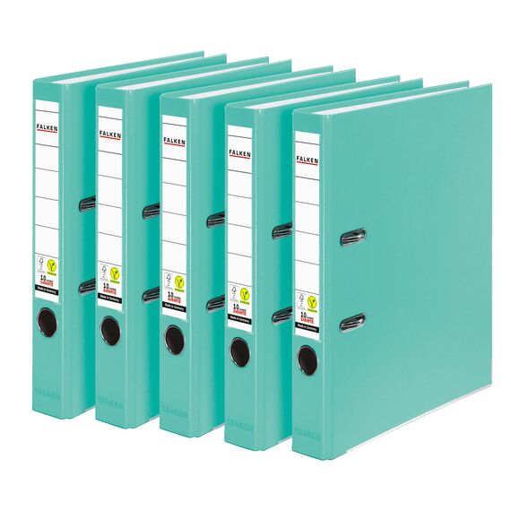 Original Falken 5er Pack PP-Color Kunststoff-Ordner. Made in Germany. 5 cm schmal DIN A4 Pastell-Farbe türkis Vegan Ringordner Aktenordner Briefordner Büroordner Plastikordner Schlitzordner
