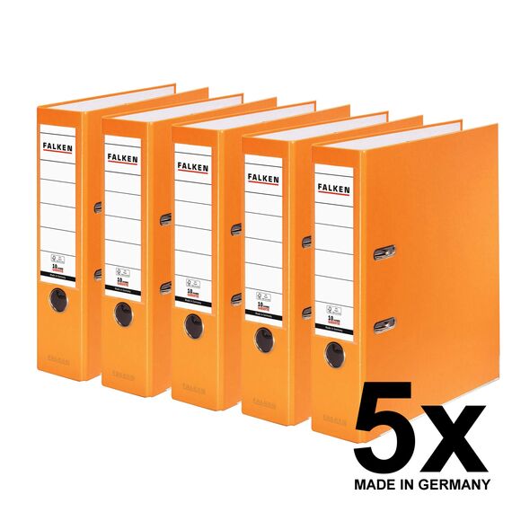 Original Falken 5er Pack PP-Color Kunststoff-Ordner. Made in Germany. 8 cm breit DIN A4 orange Vegan Ringordner Aktenordner Briefordner Büroordner Plastikordner Schlitzordner