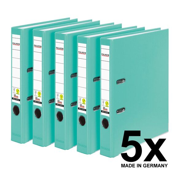 Original Falken 5er Pack PP-Color Kunststoff-Ordner. Made in Germany. 5 cm schmal DIN A4 Pastell-Farbe türkis Vegan Ringordner Aktenordner Briefordner Büroordner Plastikordner Schlitzordner