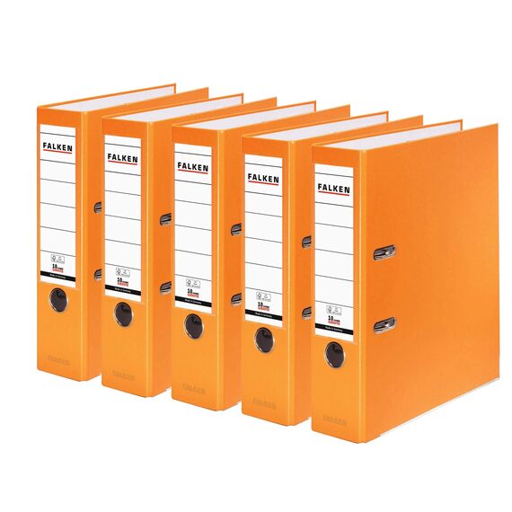 Original Falken 5er Pack PP-Color Kunststoff-Ordner. Made in Germany. 8 cm breit DIN A4 orange Vegan Ringordner Aktenordner Briefordner Büroordner Plastikordner Schlitzordner
