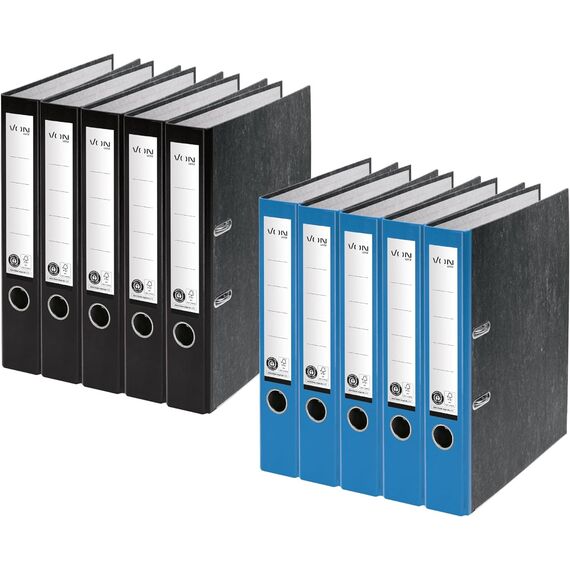 VON Leitz Ordner Set je 5 Stück in schwarz und blau, A4, 100% Recycling-Karton, Für 350 Blatt, 50 mm Rückenbreite, Klassisch marmoriert, Blauer Engel & FSC-zertifiziert