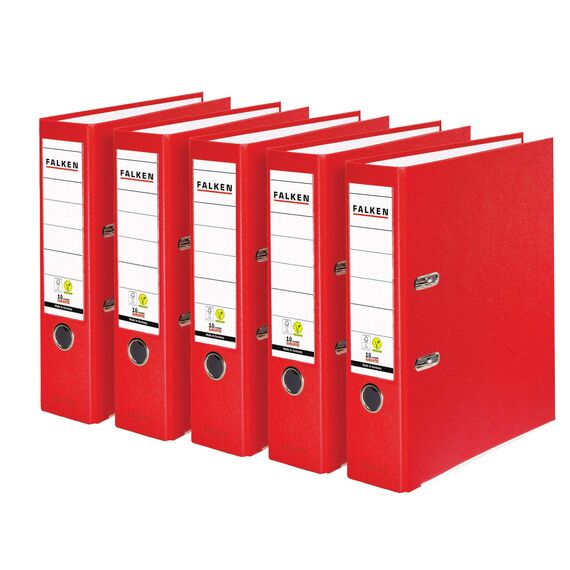 Original Falken 5er Pack PP-Color Kunststoff-Ordner. Made in Germany. 8 cm breit DIN A4 rot Vegan Ringordner Aktenordner Briefordner Büroordner Plastikordner Schlitzordner