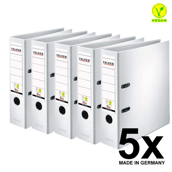 Original Falken 5er Pack PP-Color Kunststoff-Ordner. Made in Germany. 8 cm breit DIN A4 weiß Vegan Ringordner Aktenordner Briefordner Büroordner Plastikordner Schlitzordner
